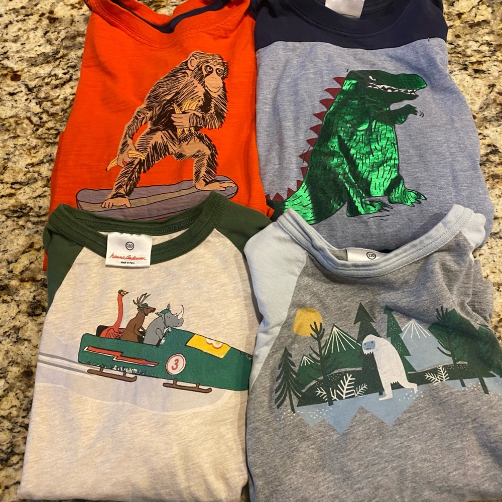 Hannah Andersson 3 long sleeve one short sleeve shirts.